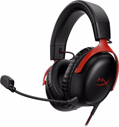 hyperx cloud iii, wired gaming headset, memory foam comfort, dts headphone:x spatial audio, detachable noise cancelling microphone, black and red