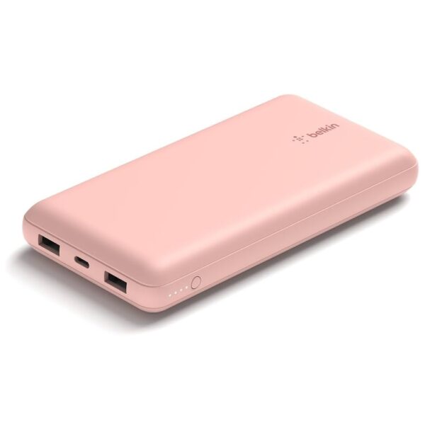 belkin 20,000mah usb c portable power bank with 2 usb a ports, usb c input/output, fast charging, rose gold 4.7