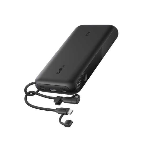 belkin 20000mah usb c portable charger, 20k power bank with usb c input output and 2 usb a ports, includes cable, fast charging for iphone samsung galaxy and more, black