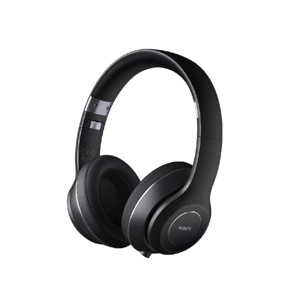 aukey wireless on ear headphones, bluetooth, foldable, long battery life, black