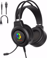 gameon shadowfire rgb gaming headset, ps4/ps5/xbox one/pc, usb + 3.5mm, 50mm drivers, omnidirectional mic, built in controls, pu ear cushions, 1.9m cable, 32Ω, black