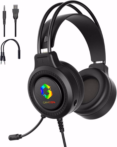 gameon shadowfire rgb gaming headset, ps4/ps5/xbox one/pc, usb + 3.5mm, 50mm drivers, omnidirectional mic, built in controls, pu ear cushions, 1.9m cable, 32Ω, black