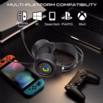 gameon shadowfire rgb gaming headset, ps4/ps5/xbox one/pc, usb + 3.5mm, 50mm drivers, omnidirectional mic, built in controls, pu ear cushions, 1.9m cable, 32Ω, black