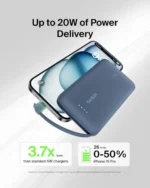 belkin 10,000mah portable charger with integrated usb c cable, 20w pd fast charging power bank, black