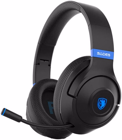 sades whisper wireless headset, 40mm speaker, bluetooth 5.3, 32 hours battery life, foldable ear cups, adjustable headband, black