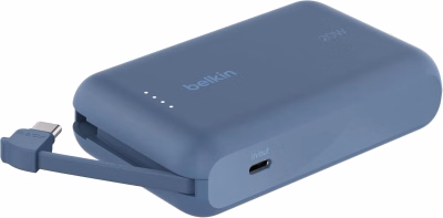 belkin 10,000mah portable charger with integrated usb c cable, 20w pd fast charging power bank, black
