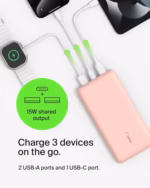 belkin 20,000mah usb c portable power bank with 2 usb a ports, usb c input/output, fast charging, rose gold 4.7